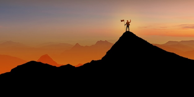 Silhouette of Businessman standing on mountain top over sunset twilight background with flag, Winner, Success and Leadership concept