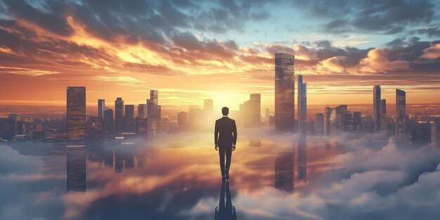 Silhouette of businessman walking towards city skyline at sunrise