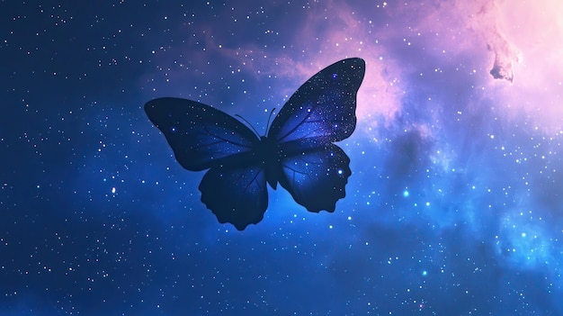 Photo a silhouette of a butterfly against a cosmic background filled with stars and nebulae