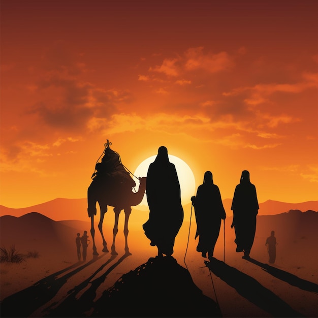 silhouette of a camel being led by several people wearing typical Middle Eastern robes