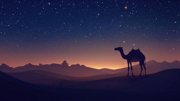 Photo silhouette of a camel in the desert under a starry night sky with distant horizon