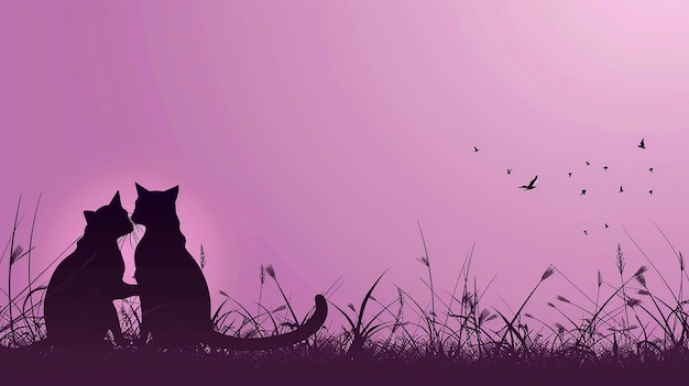 a silhouette of a cat and birds in the grass