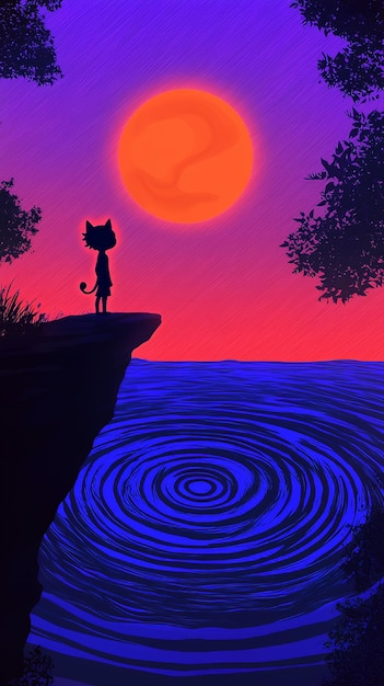 Photo silhouette of a cat character standing on a cliff overlooking a whirlpool and a red sunset