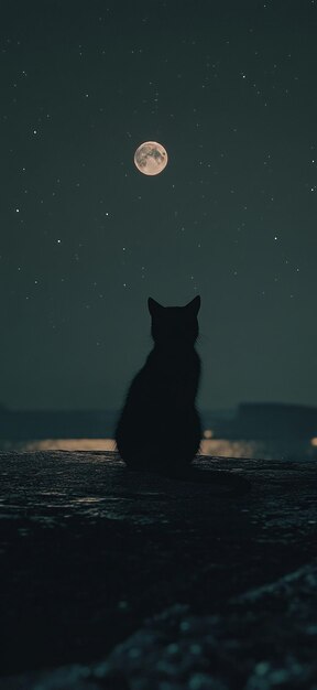 Photo silhouette of a cat under a full moon night sky serenity