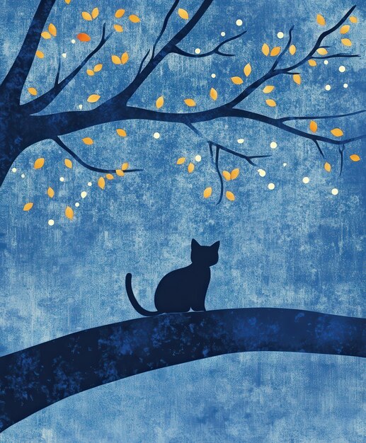 Photo a silhouette of a cat perched on a branch under a starry sky