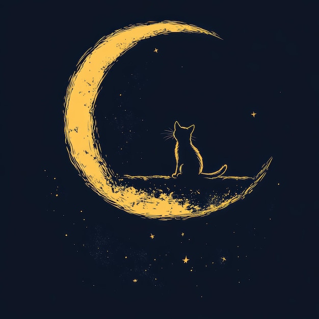 Photo a silhouette of a cat sitting on a crescent moon surrounded by stars