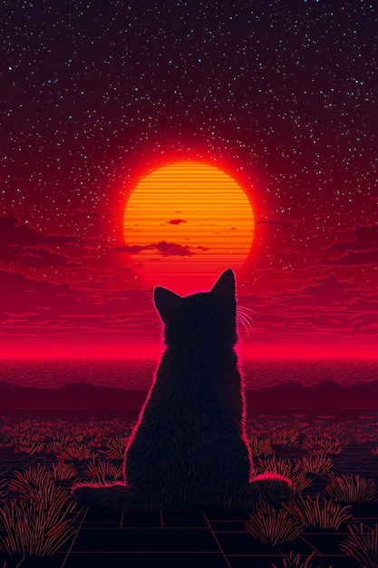 Photo silhouette of cat watching sunset with red sky and stars