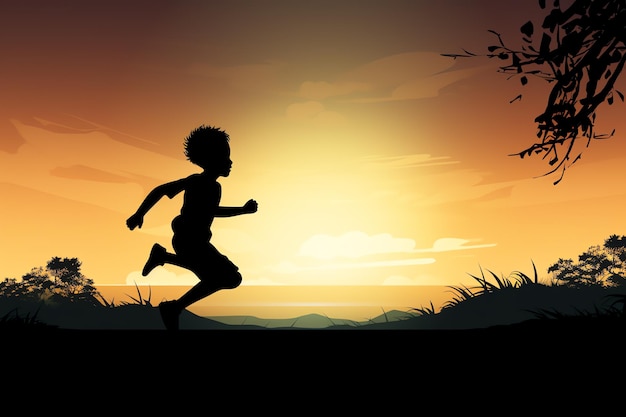 Photo a silhouette of a child running at sunset