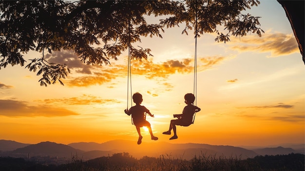 Photo silhouette of children swinging on the swing at sunset background