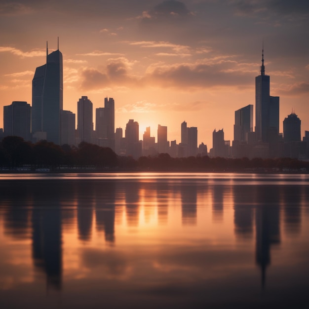 Silhouette of city skyline during sunset l