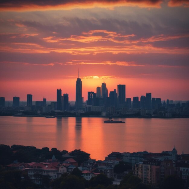 Silhouette of city skyline during sunset l