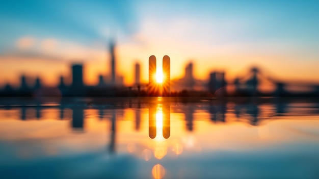 Photo silhouette of city skyline at sunset with reflections in water a breathtaking view of urban landscape