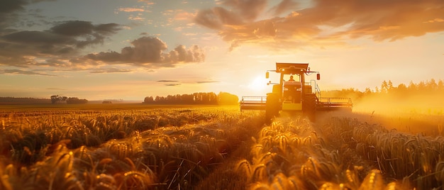 A silhouette of a combine harvester working in a field of golden wheat at sunset