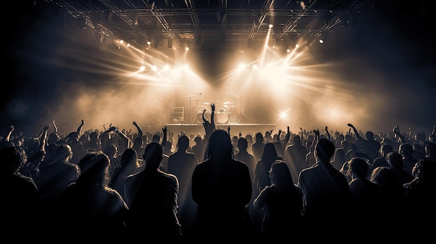 Silhouette of concert crowd in front of bright stage lights Dark background smoke concert spotlights disco ball Crowd at Concert Generative Ai