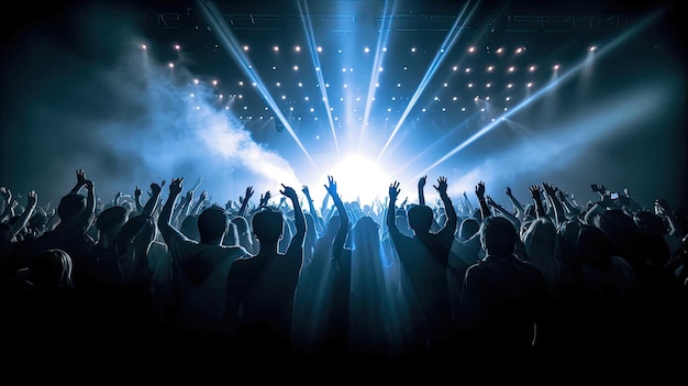 Silhouette of concert crowd in front of bright stage lights Dark background smoke concert spotlights disco ball Crowd at Concert Generative Ai