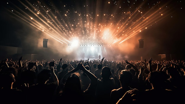 Silhouette of concert crowd in front of bright stage lights Dark background smoke concert spotlights disco ball Crowd at Concert Generative Ai