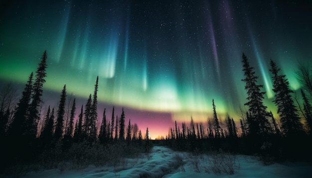 Silhouette of coniferous trees under starry winter night sky generated by AI