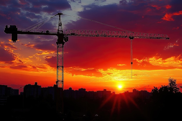 Photo silhouette of a construction crane against a vibrant sunset