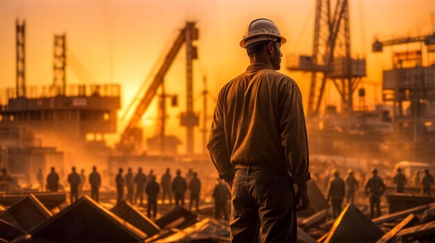 Silhouette of a construction worker against the orange sunset Generative AI