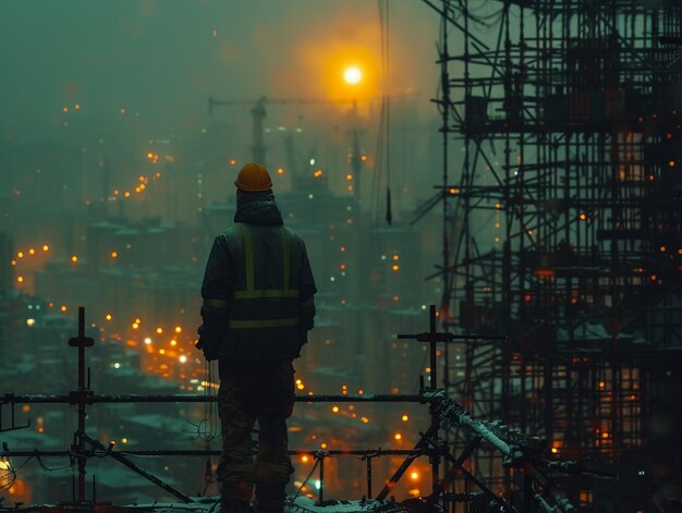 Silhouette of construction worker at building site with foggy background