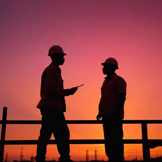 Silhouette of Construction Workers Strong Figures Against a Backdrop of Building Activity