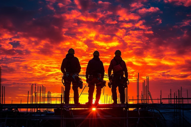 silhouette of construction workers at sunset