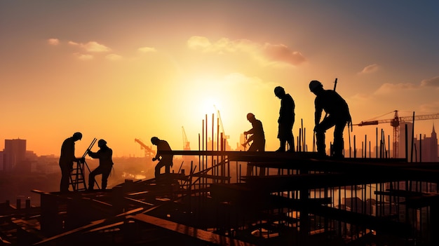 Silhouette of the construction workers with building on beautiful sunset landscape background