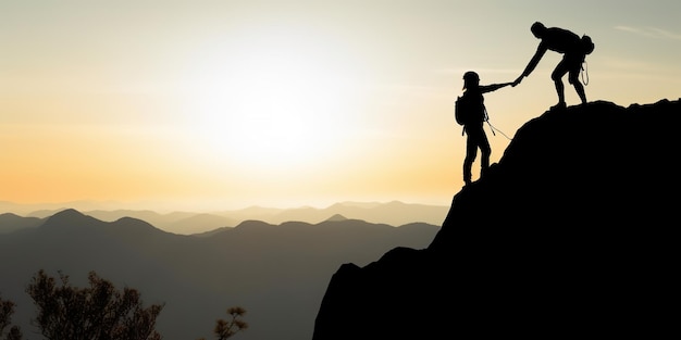 Silhouette couple climbing