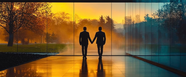 Photo silhouette of couple holding hands in front of large windows