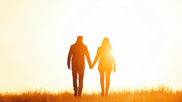 Silhouette of Couple Holding Hands in a Golden Sunset