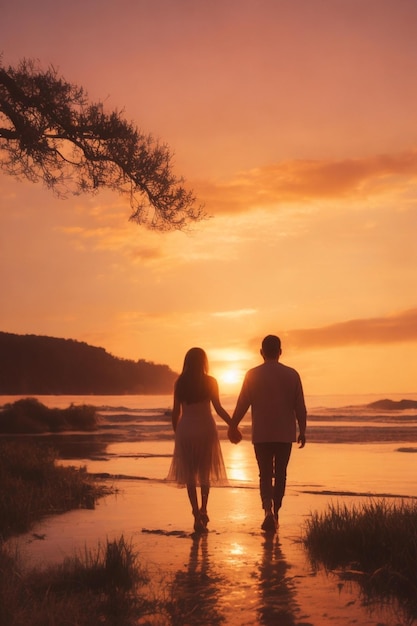 A silhouette of a couple holding hands and walking on the beach at sunset.