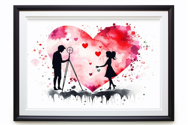 Photo silhouette couple inside heart wall frame