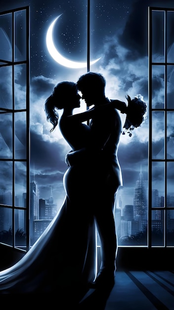 a silhouette of a couple kissing in front of a window with the moon behind them