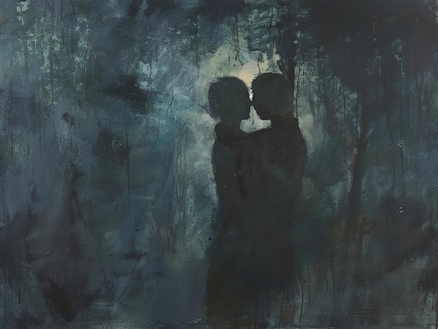 a silhouette of a couple kissing under a full moon