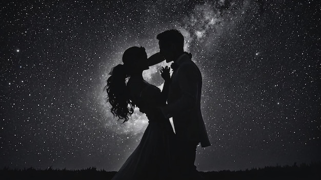 Silhouette of Couple Kissing Under Stars