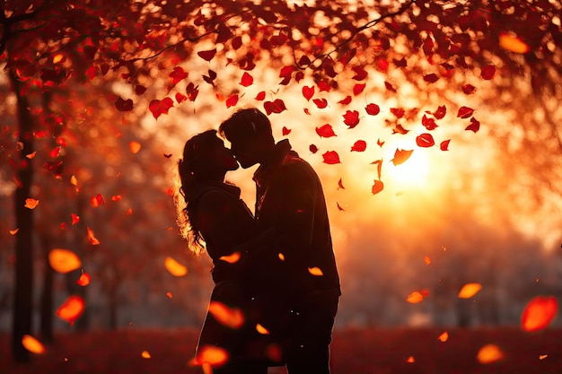 silhouette of couple kissing at sunset autumn day fly ai generative