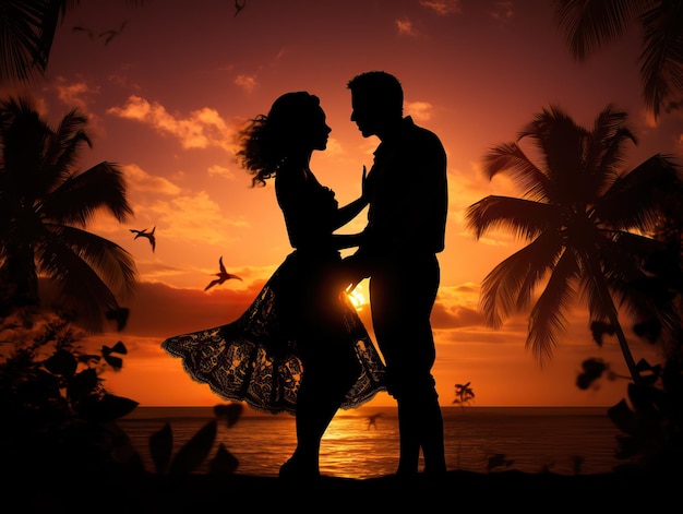 silhouette of a couple kissing at sunset in the style of realistic rendering tropical symbolism