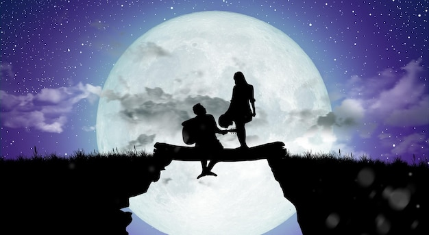 Silhouette of Couple Lover Relationship at night landscape