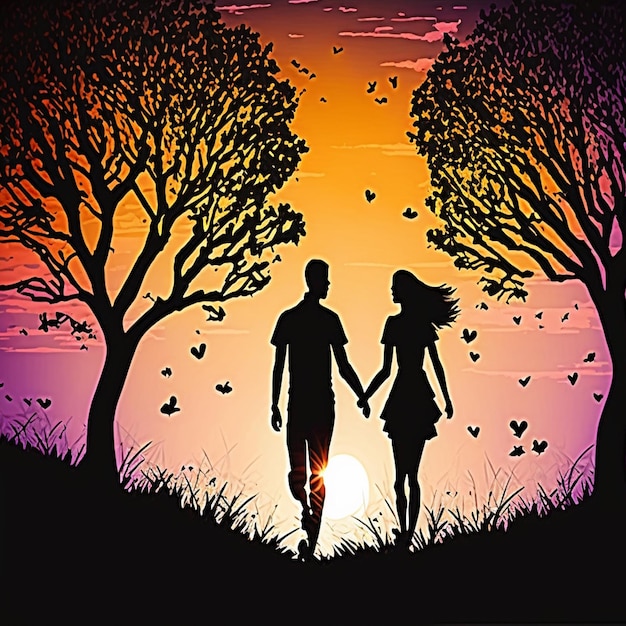 Silhouette couple man and woman holding hand running together under trees with sunset sky background