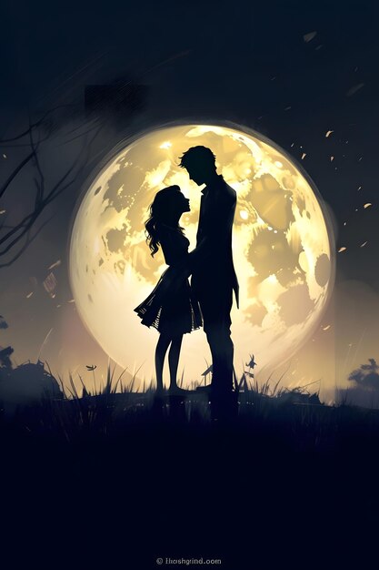 Photo a silhouette of a couple and the moon