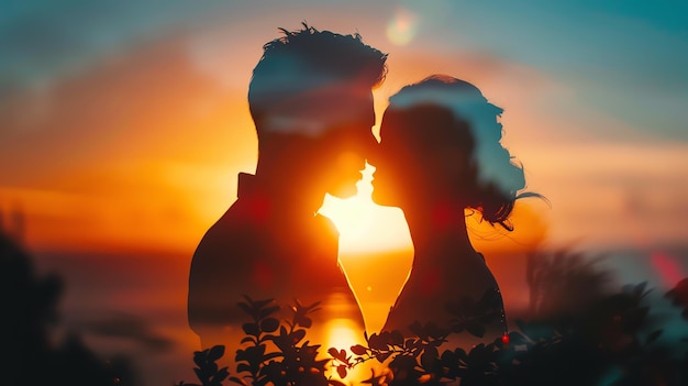 Silhouette of a couple sharing an intimate moment at sunset with vibrant colors