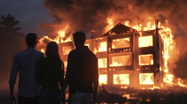 Silhouette of a couple standing in front of a burning house