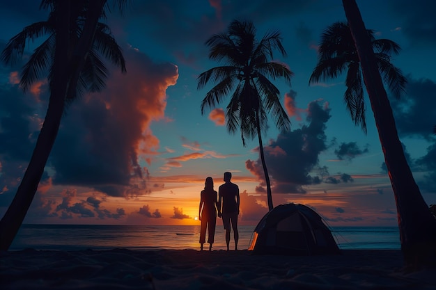 Silhouette of a couple traveling by the sea at sunset