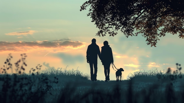 A silhouette of a couple walking their dog at sunset