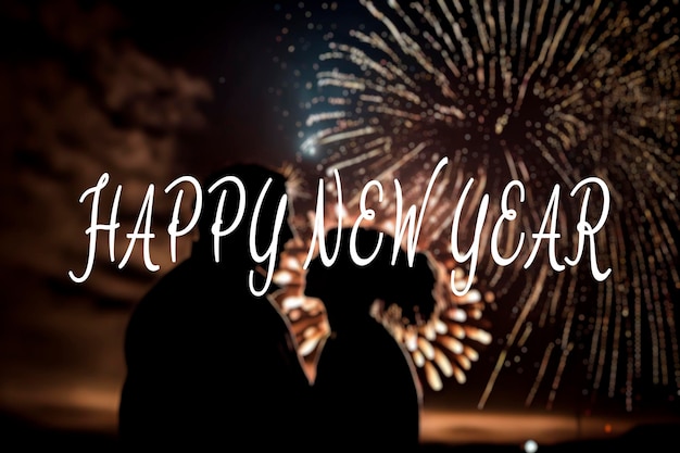 Silhouette of a couple with new year's fireworks and Happy New Year Text