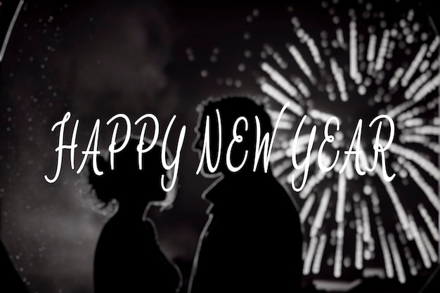 Silhouette of a couple with new year's fireworks and Happy New Year Text