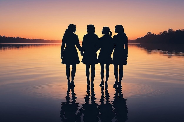 Photo silhouette of a couple with three daughters at sunset