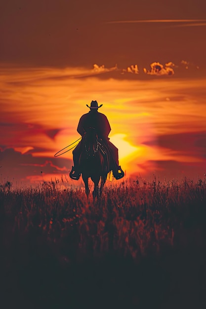 Photo silhouette of cowboy riding across vast grassland horizon