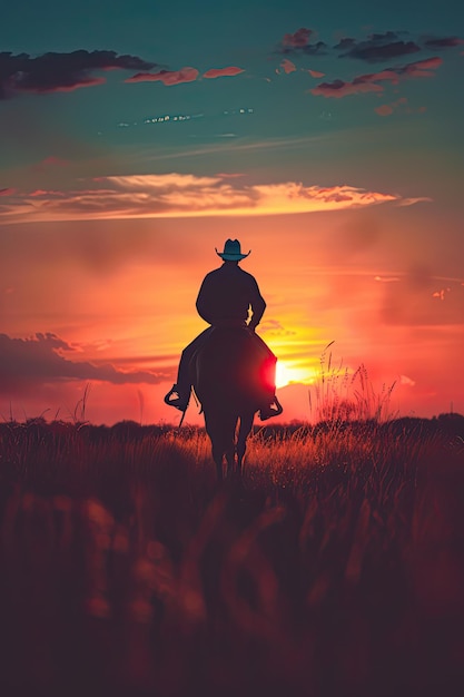 Photo silhouette of cowboy riding across vast grassland horizon