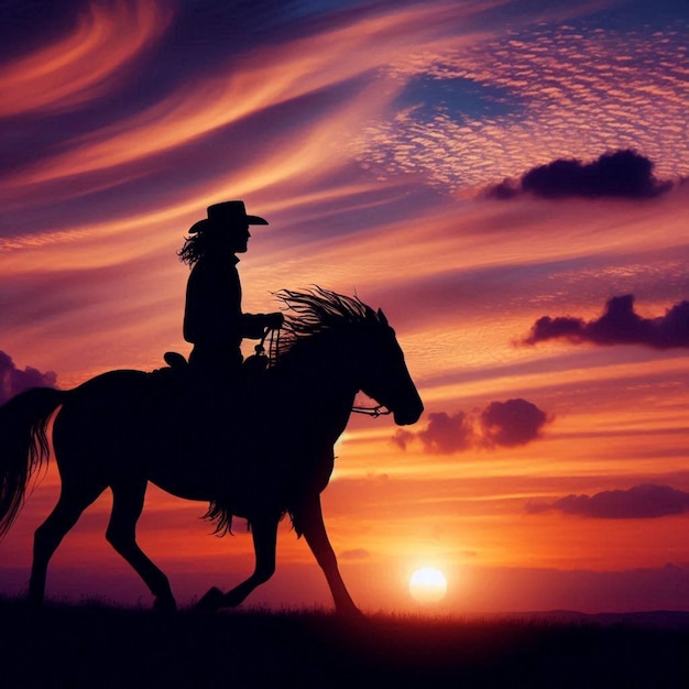 a silhouette of a cowboy riding a horse with the sun setting behind him